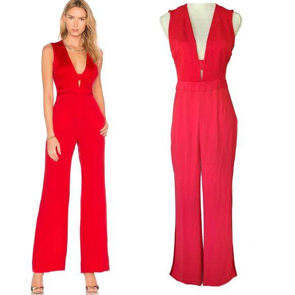 Diane Von Furstenberg Pants - Diane Von Furstenberg Red Plunge V-Neck Jumpsuit